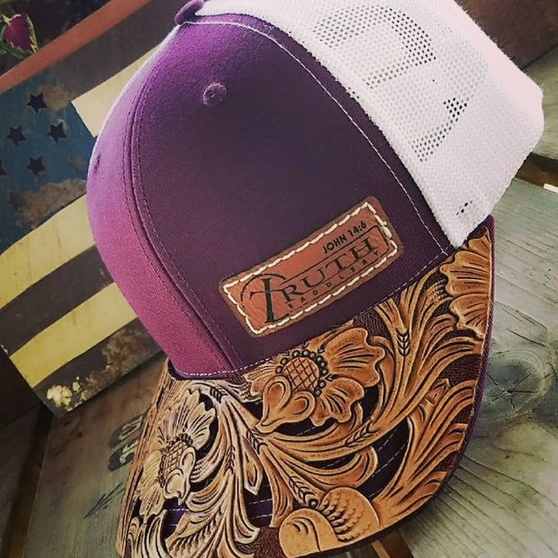 HAND TOOLED Leather Cap BRIM — TRUTH SADDLERY PATCH CAPS - Snap back One size fi