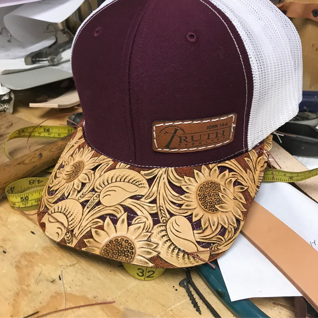 HAND TOOLED Leather Cap BRIM — TRUTH SADDLERY PATCH CAPS - Snap back One size fi
