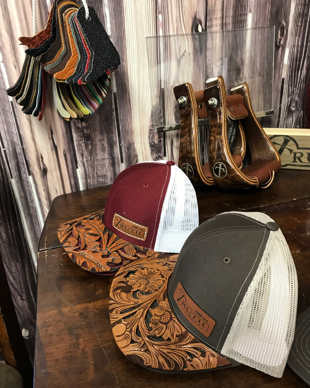 HAND TOOLED Leather Cap BRIM — TRUTH SADDLERY PATCH CAPS - Snap