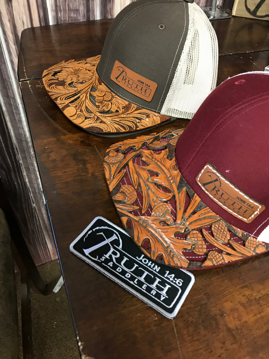HAND TOOLED Leather Cap BRIM — TRUTH SADDLERY PATCH CAPS Snap