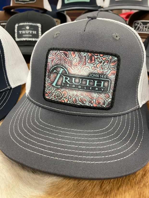 Charcoal Grey/White Cap with Turquoise Tooled Designer Truth Patch